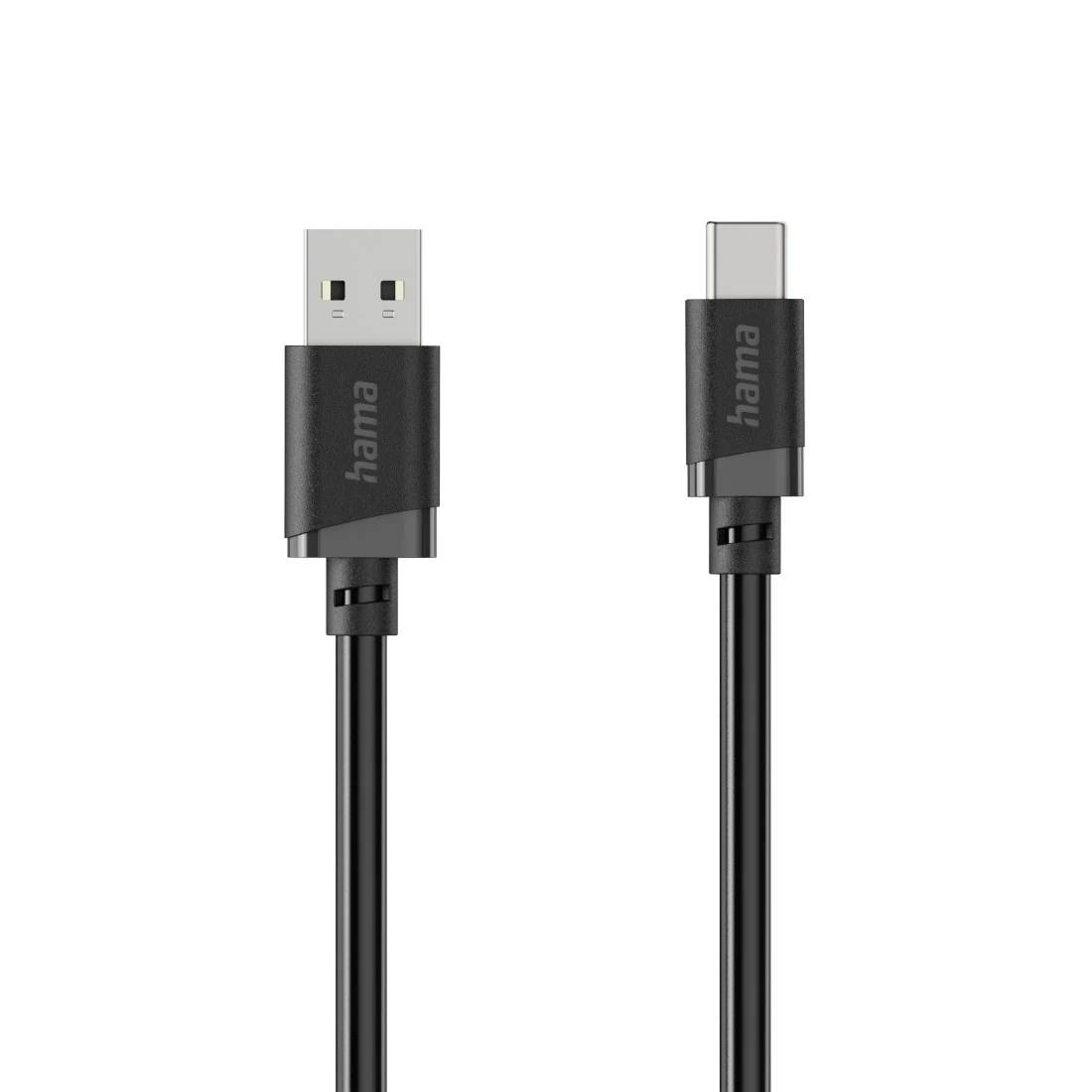Černý kabel Hama s USB-A konektorem na levé straně a USB-C konektorem na pravé straně, zobrazen na bílém pozadí.