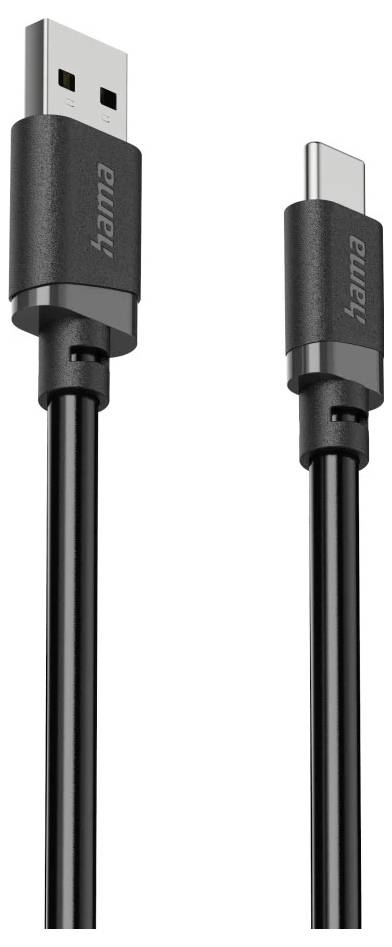 Detailní záběr na černý nabíjecí kabel USB-A na USB-C s logem Hama na obou konektorech.