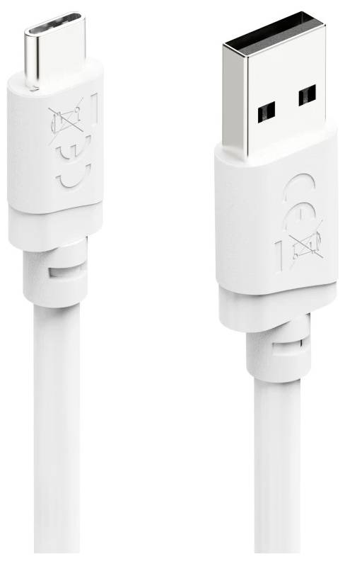 Bílý kabel USB-C s reverzibilním konektorem zobrazený ze dvou úhlů, s viditelným zapojením konektoru a tvarovanou ochranou proti prasknutí.