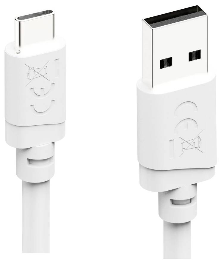 Bílé konektory nabíjecího kabelu USB-C a USB-A zobrazené na jednoduchém pozadí s vyvýšenými logy na zástrčkách.