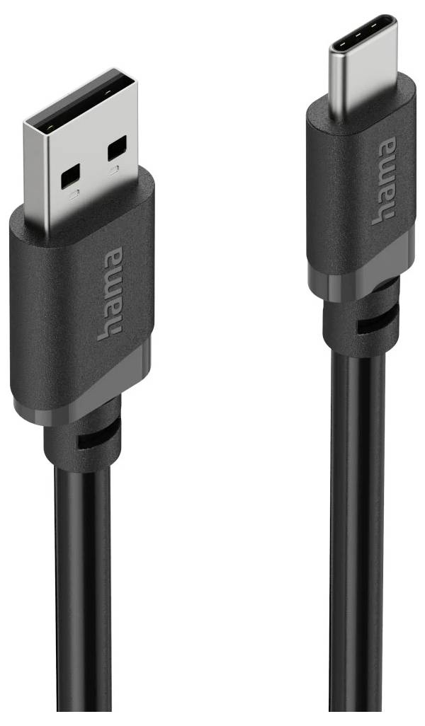 Nabíjecí kabel USB-A na USB-C s černými konektory Hama zobrazený v detailním pohledu na bílém pozadí.