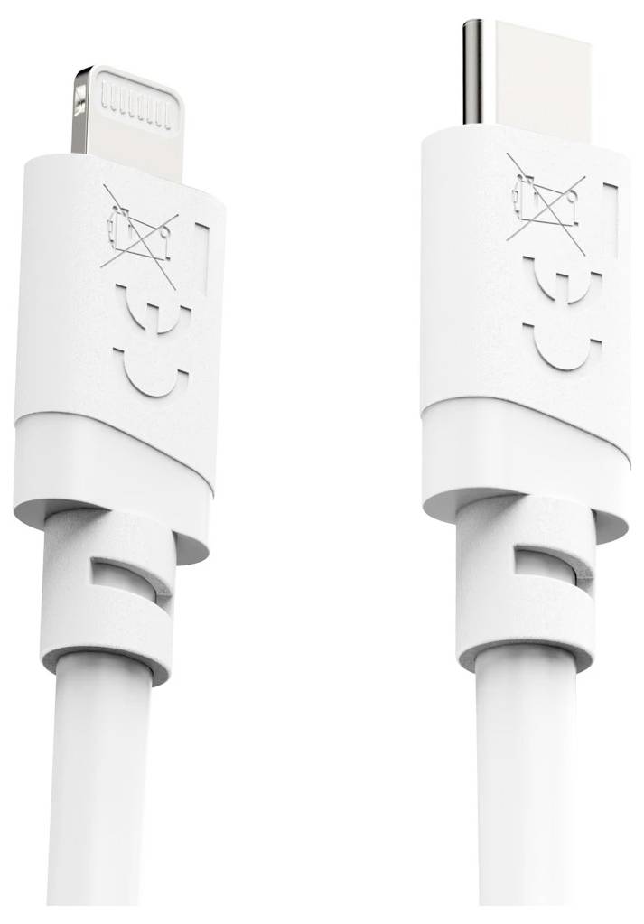 Dva bílé USB nabíjecí kabely zobrazené vedle sebe, každý s ochranným obalem, který odhaluje různé konektory: jeden Lightning, jeden USB-C.