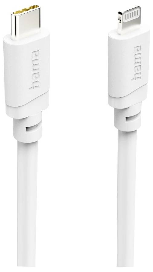 Bílý nabíjecí kabel s konektorem USB-C na levé straně a konektorem Lightning na pravé straně.