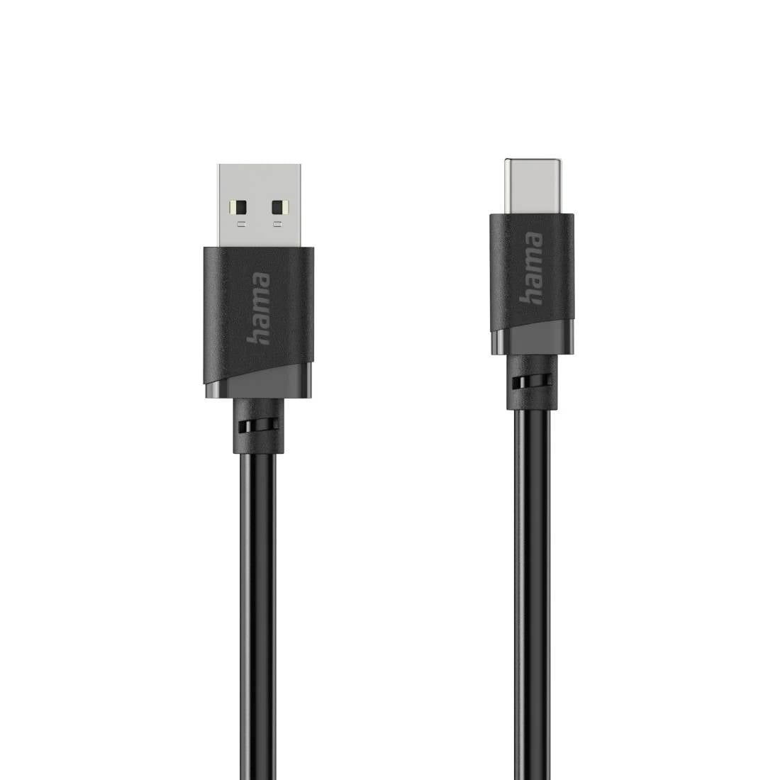 Černý kabel Hama USB-A na USB-C s konektory zobrazenými vedle sebe na bílém pozadí.