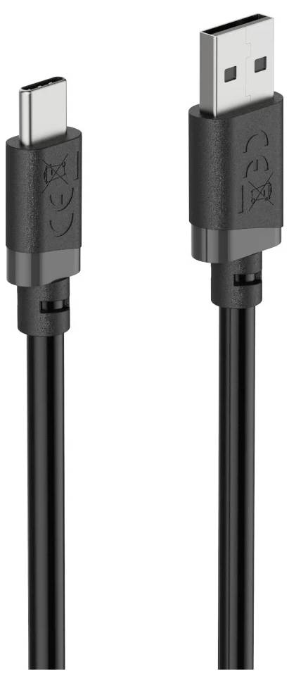 Černý kabel USB pro nabíjení s konektorem USB-C vlevo a konektorem USB-A vpravo, zobrazený na bílém pozadí.