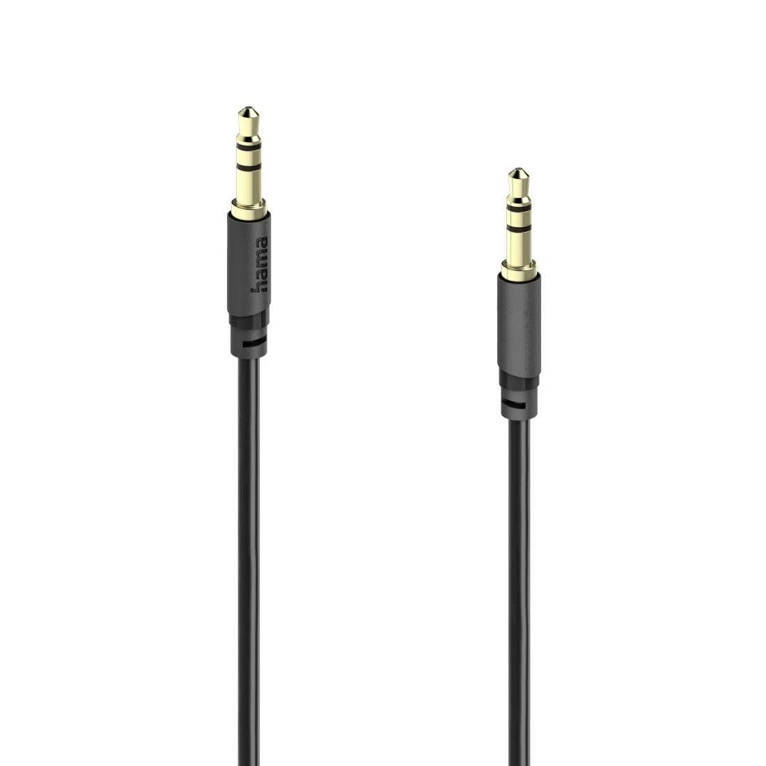Dva černé audio kabely se zlatými 3,5mm stereo jacky zobrazené vedle sebe na bílém pozadí.
