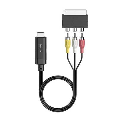 Hama kabelový adaptér s jedním konektorem USB-C a třemi RCA konektory, barevně kódovanými žlutě, bíle a červeně, na bílém pozadí.