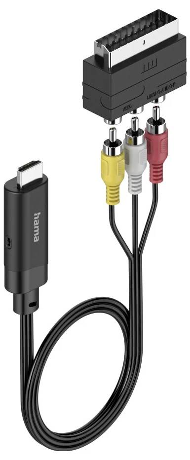 Černý AV kabel Hama s jedním plochým konektorem a třemi RCA konektory: žlutý, bílý a červený.