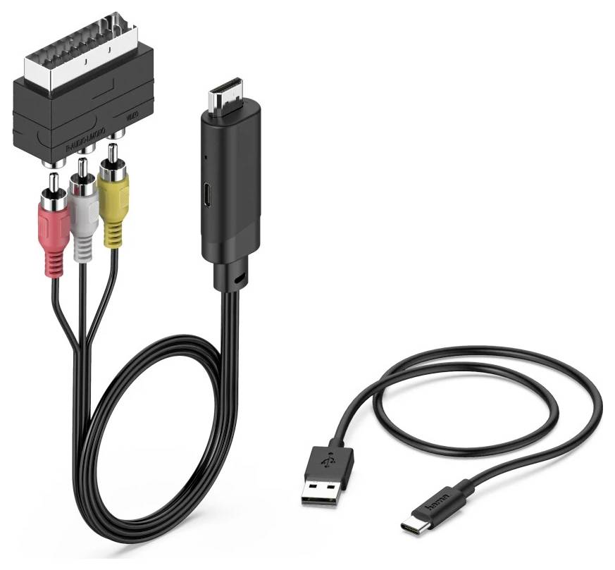 Adaptér SCART na USB s červeným, bílým a žlutým RCA konektorem, plus samostatný kabel USB pro připojení videozdroje k počítači.