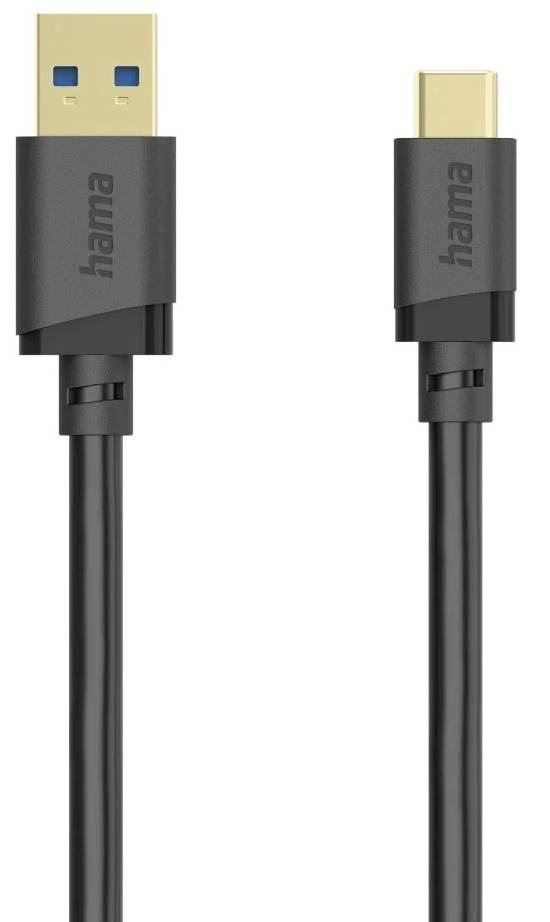 Černý kabel USB Hama s konektorem USB-A na jedné straně a konektorem USB-C na druhé straně, zobrazený na bílém pozadí.