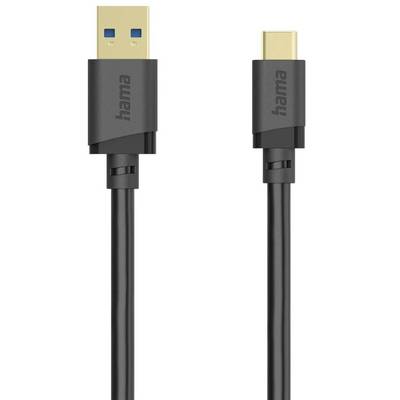 Černý kabel USB Hama s konektorem USB-A na jedné straně a konektorem USB-C na druhé straně, zobrazený na bílém pozadí.
