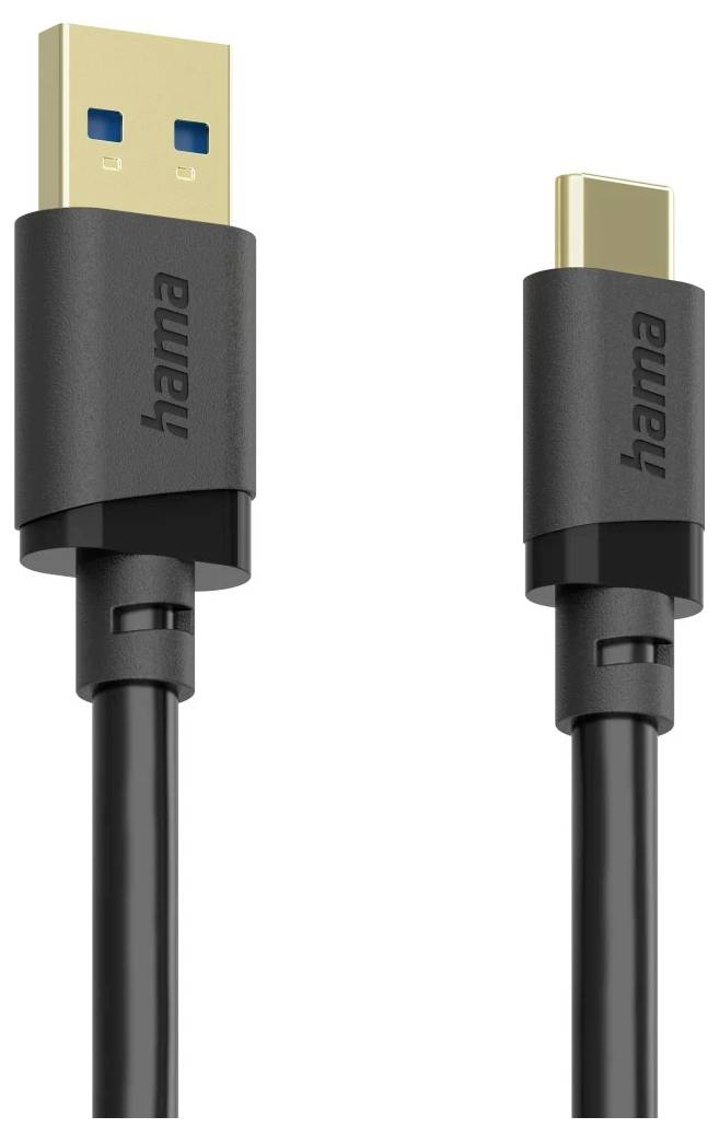 Černý kabel Hama s konektorem USB-A na levé straně a konektorem USB-C na pravé straně, zobrazený na bílém pozadí.