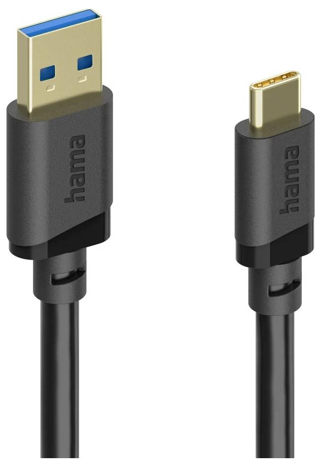 Kabel USB-A na USB-C pro nabíjení s černými konektory, zobrazený v detailním záběru na bílém pozadí.