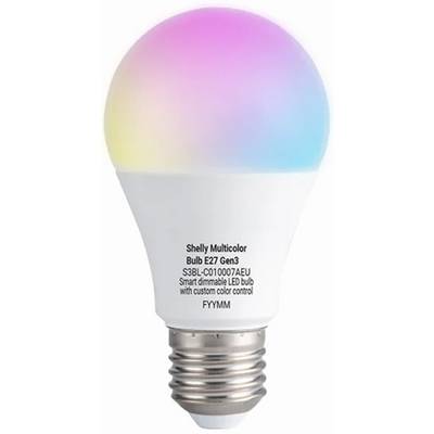 Chytré vícebarevné LED žárovce s pastelovým gradientem nahoře a stříbrným závitovou objímkou; štítek zní „Shelly Multicolor Bulb E27 Gen3" a „s vlastní kontrolou barev"