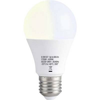LED žárovka s vytištěnými specifikacemi, včetně 8,5W, E27, 806 lm, 2700K-6500K, AC220-240V, 50/60Hz, -25°C až +40°C, 200°.