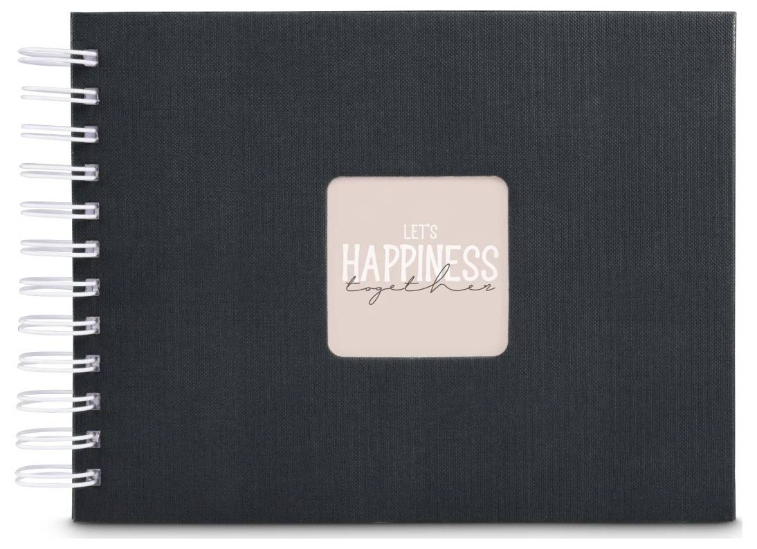 Černý sešit se spirálovou vazbou s růžovým čtvercovým štítkem s textem "LET'S HAPPINESS together".