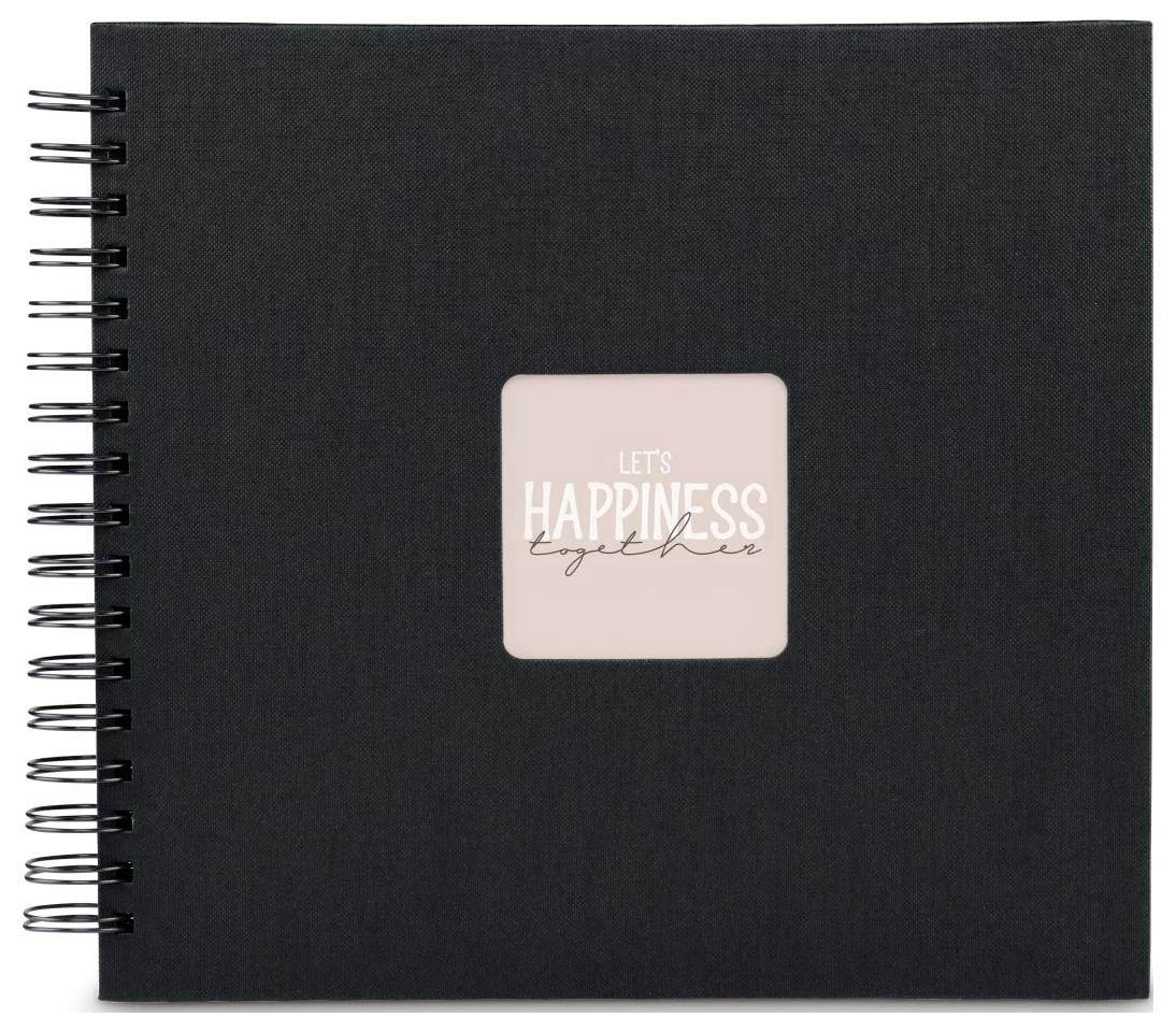 Černý sešit se spirálovým vázáním s malým růžovým čtvercovým štítkem na obálce s nápisem "LET'S HAPPINESS together".