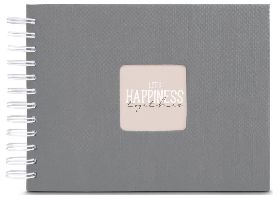 Šedý zápisník se spirálovou vazbou s růžovým čtvercovým štítkem na obálce s textem "LET'S HAPPINESS together".