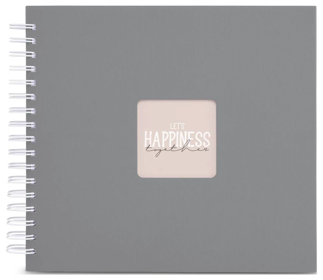 Šedý spirálový zápisník s růžovým čtvercovým štítkem s nápisem "LET'S HAPPINESS together" na obálce.