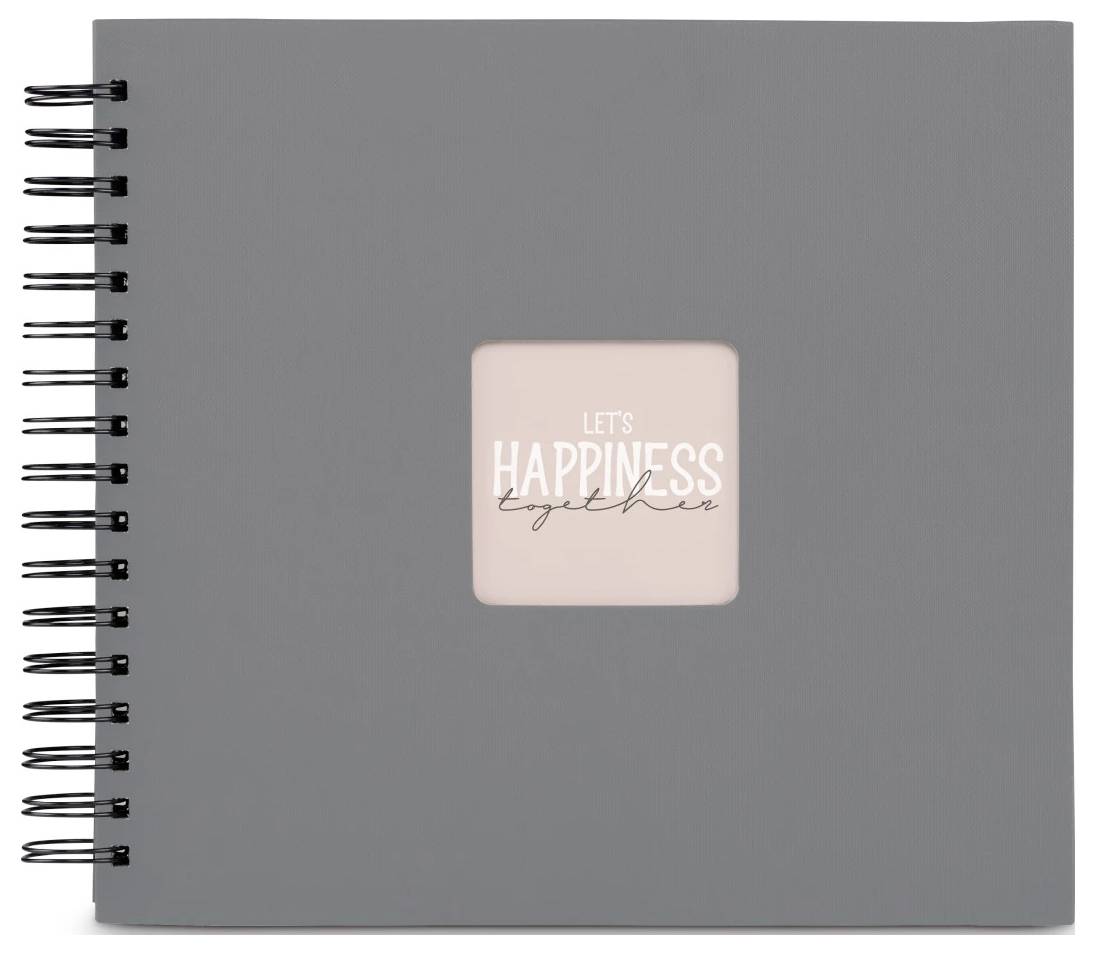 Šedý zápisník se spirálovou vazbou s malým růžovým štítkem na obálce, na kterém je napsáno "LET'S HAPPINESS together".