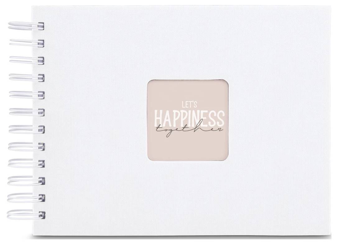 Bílý sešit se spirálovou vazbou s růžovým čtvercovým štítkem na obalu s nápisem "LET'S HAPPINESS together".