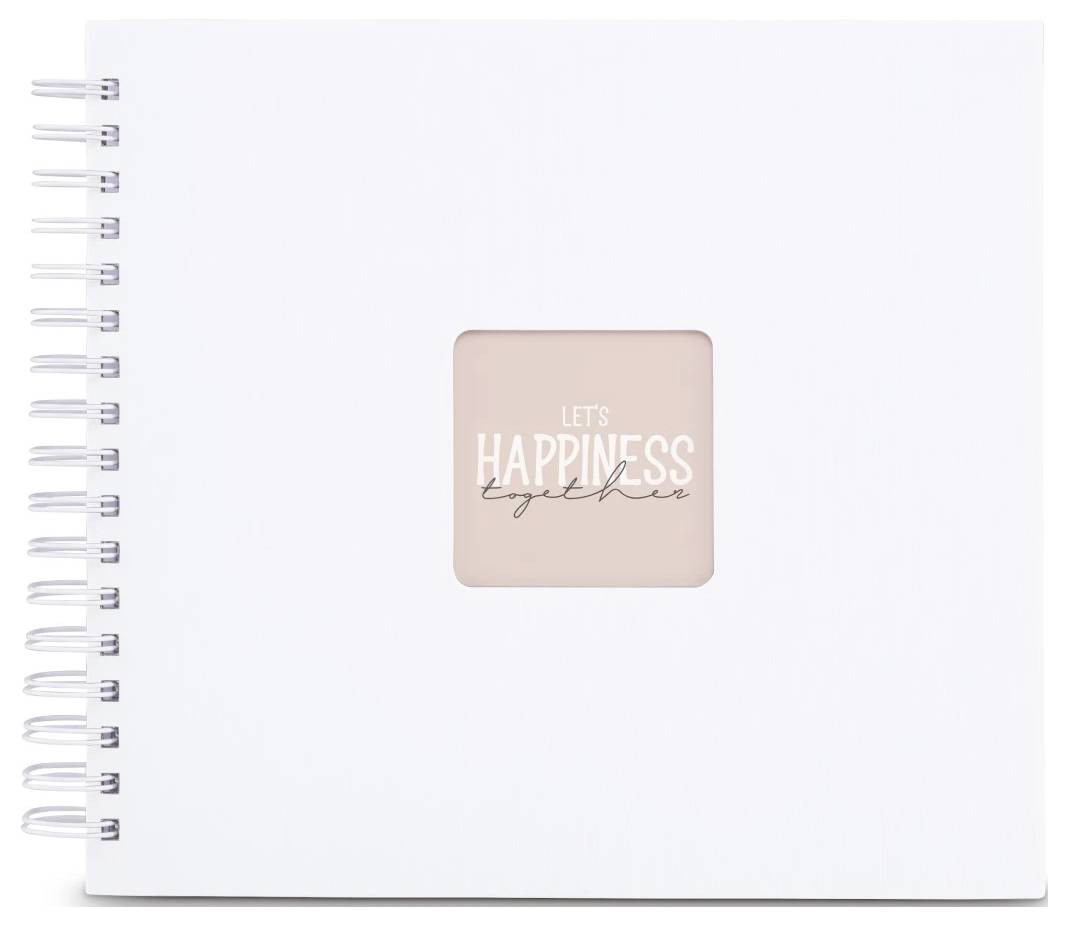Bílý notebook se spirálovou vazbou s vycentrovaným růžovým čtvercovým štítkem na obálce, na kterém je napsáno "LET'S HAPPINESS together".