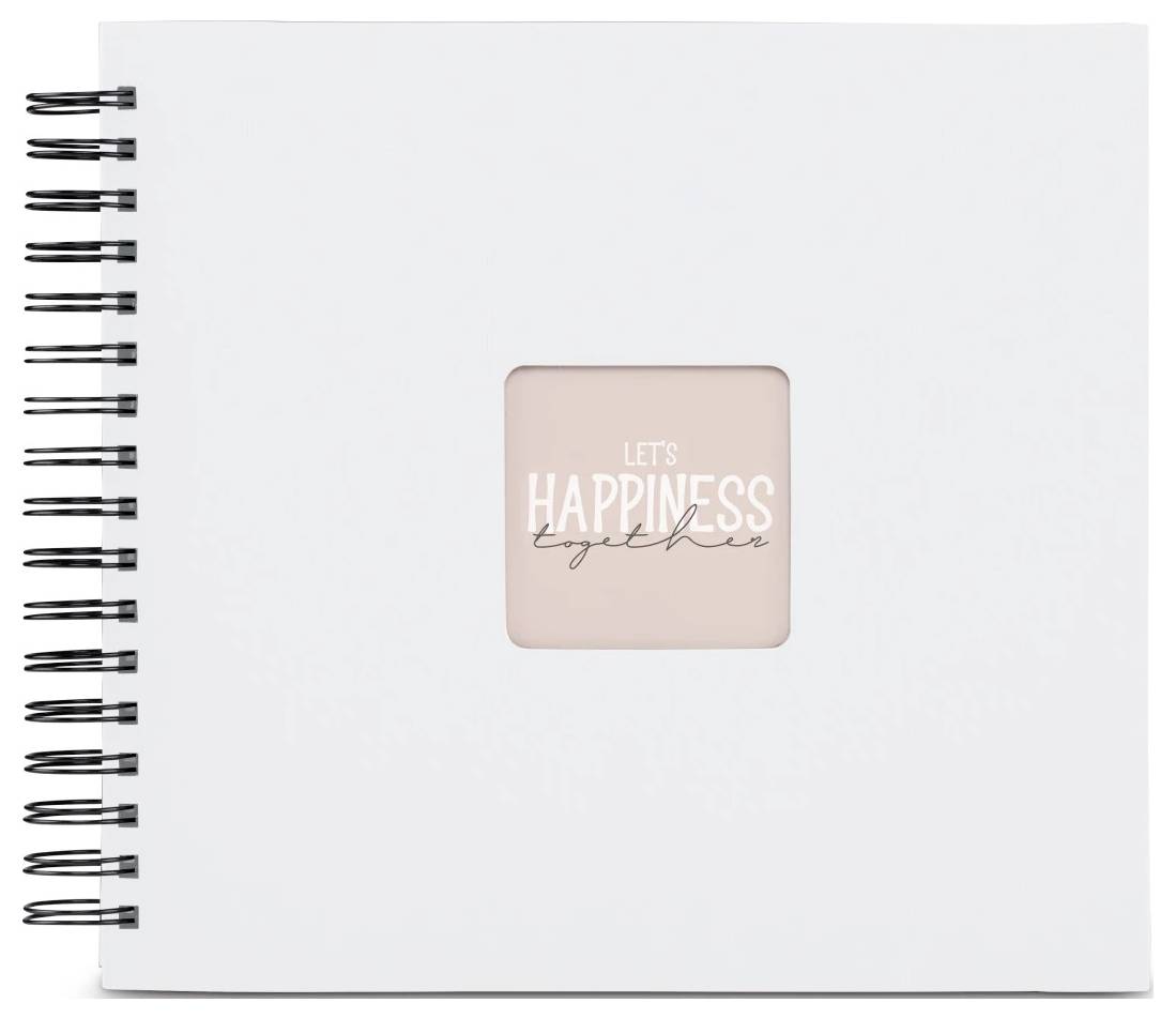 Černý zápisník na kulatou spirálu s růžovým čtvercovým štítkem na obalu s nápisem "LET'S HAPPINESS together".