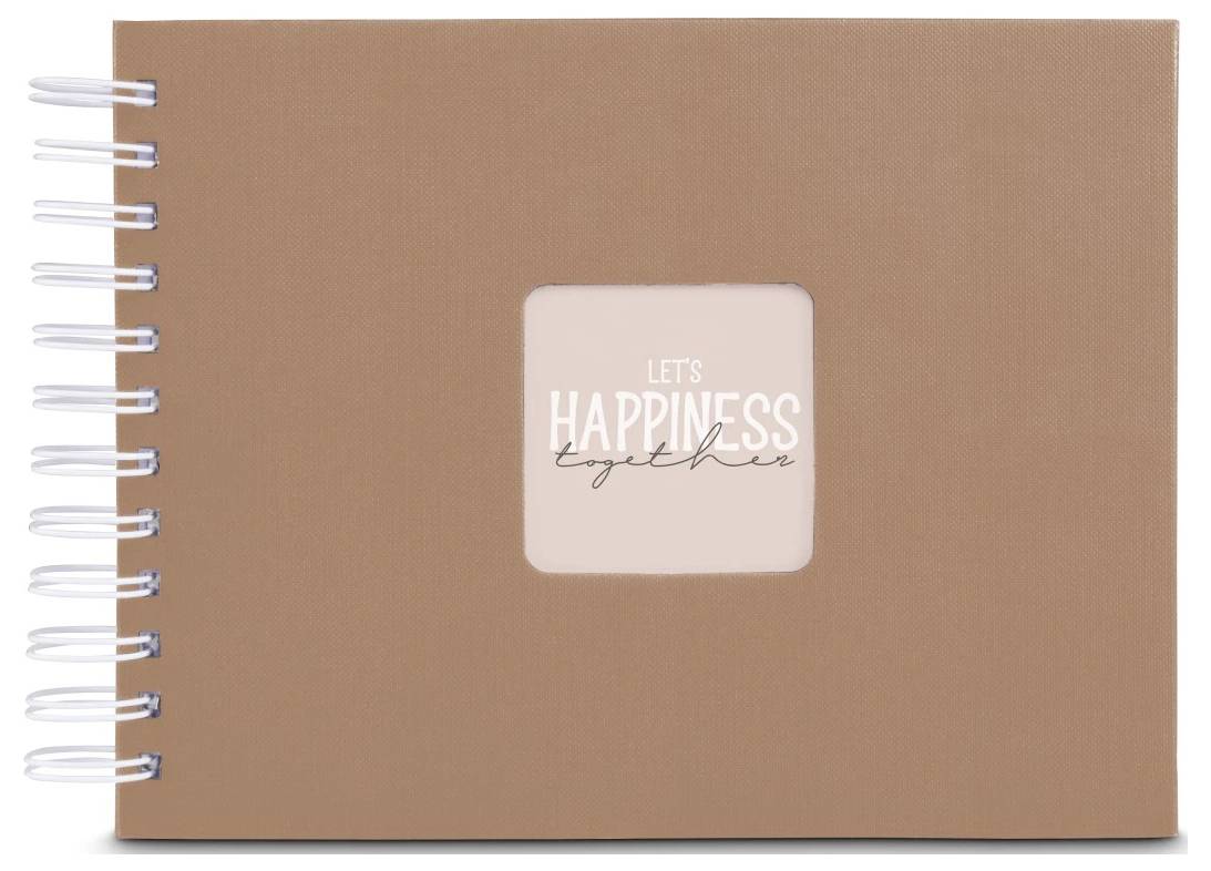 Hnědý sešit se spirálovou vazbou s středově umístěným růžovým štítkem s nápisem "LET'S HAPPINESS together".