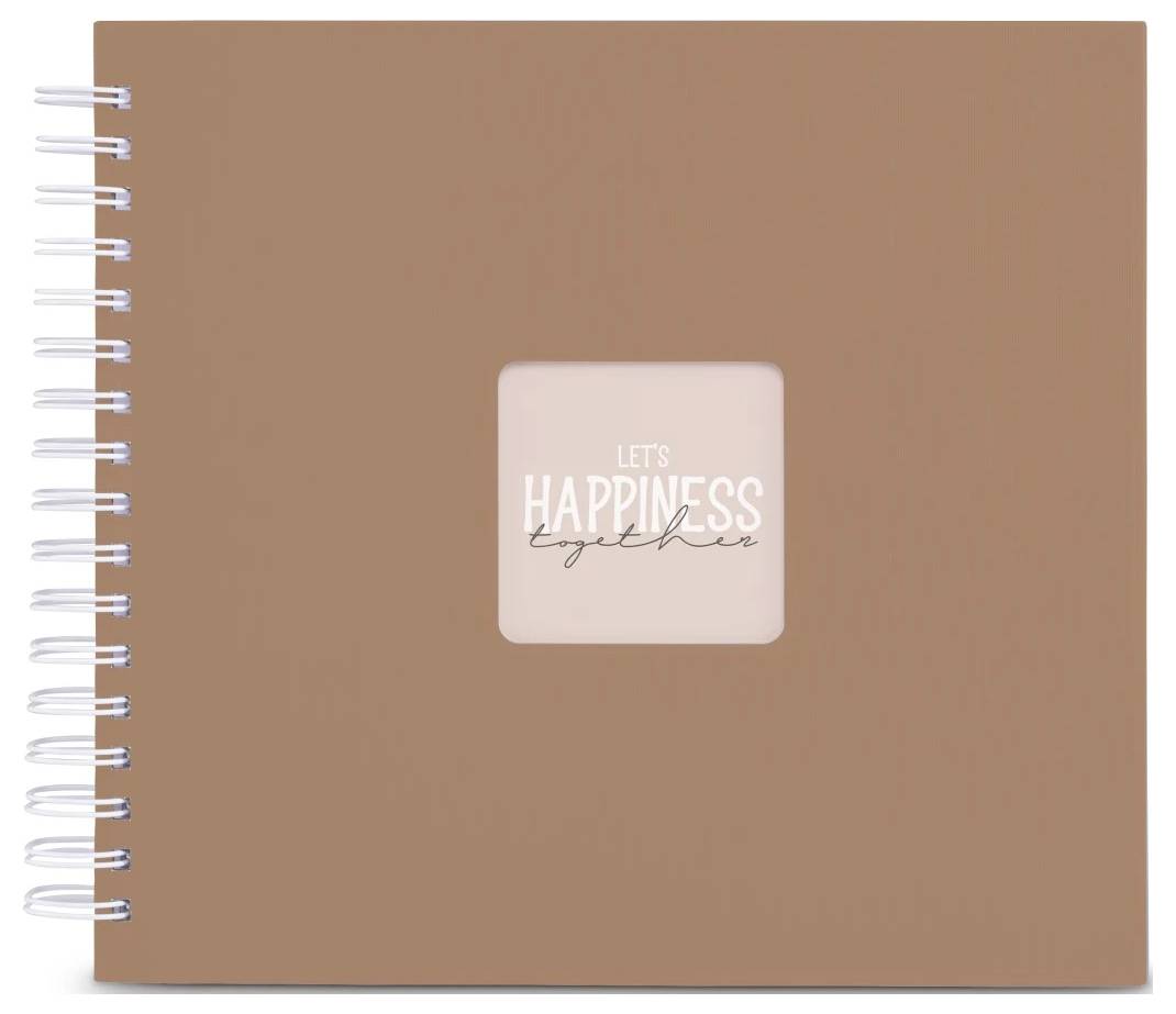 Hnědý notebook se spirálovou vazbou s vycentrovaným růžovým čtvercovým štítkem s textem „LET'S HAPPINESS together"