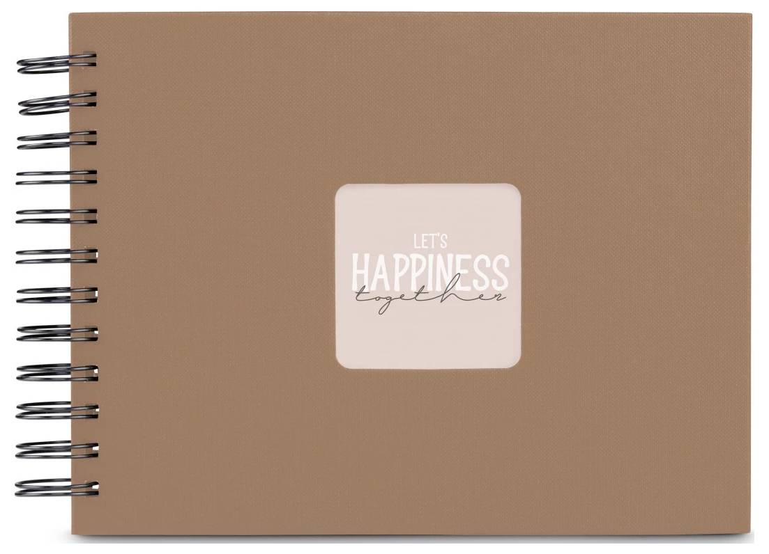 Hnědý spirálově vázaný sešit s jasně růžovým čtvercovým štítkem na obálce se vzkazem "LET'S HAPPINESS together".