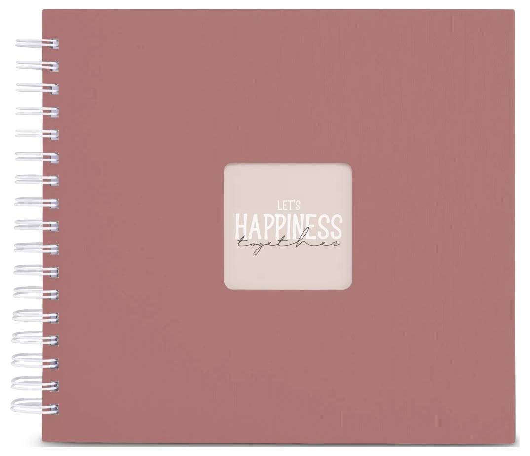 Růžový sešit se spirálovou vazbou s malým vycentrovaným štítkem s nápisem „LET'S HAPPINESS together".