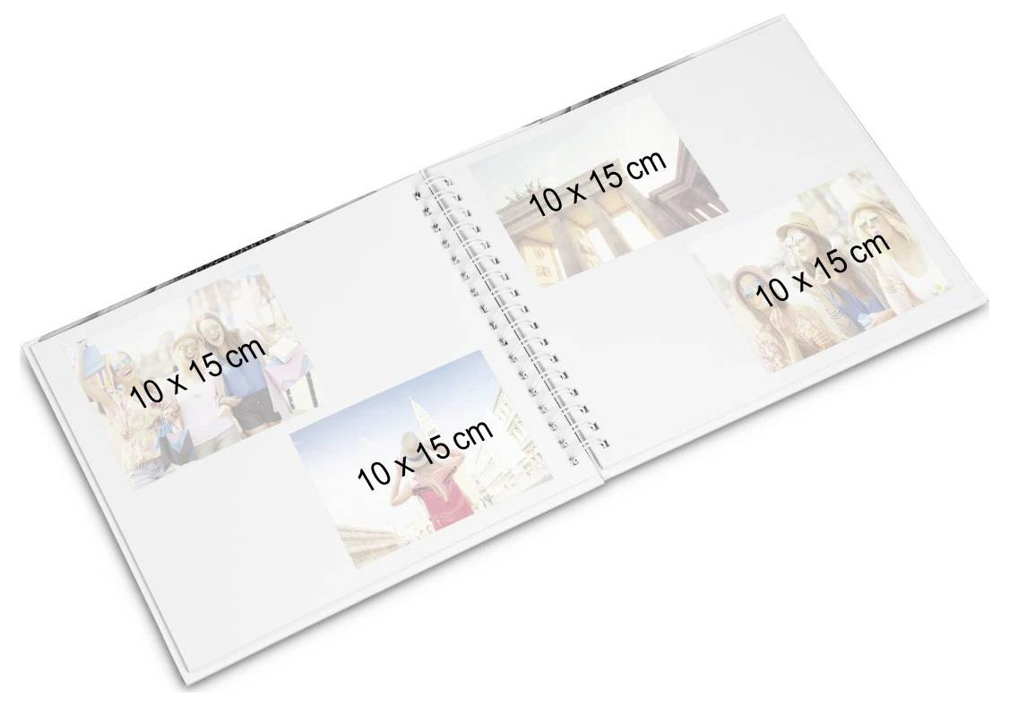 Otevřené fotoalbum se čtyřmi pozicemi na fotografie velikosti 10 x 15 cm na bílých stránkách, zobrazeno lehce otevřené na jednoduchém pozadí.