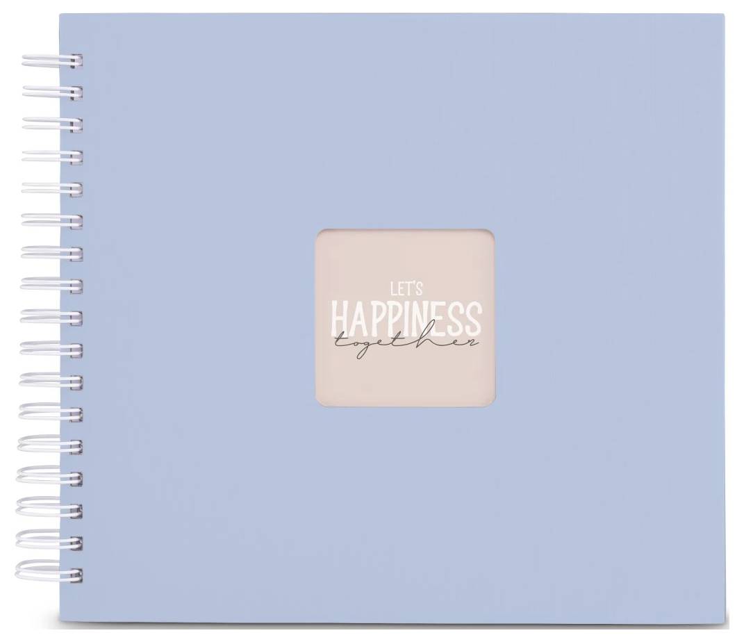 Světle modrý zápisník s kroužkovou vazbou a růžovým čtvercovým štítkem s nápisem „LET'S HAPPINESS together" na přední straně.