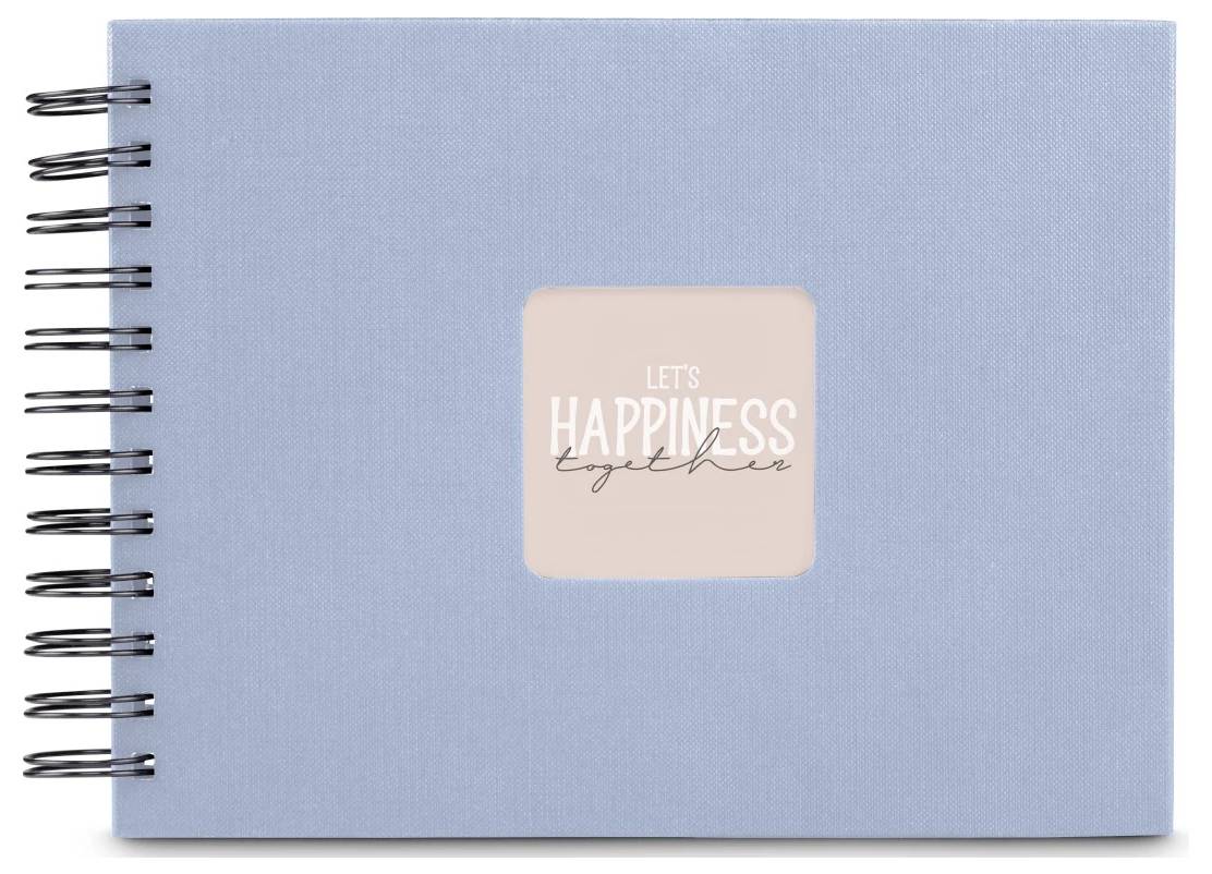 Modrý zápisník se spirálovou vazbou s růžovým čtvercovým štítkem na obálce s nápisem „LET'S HAPPINESS together".