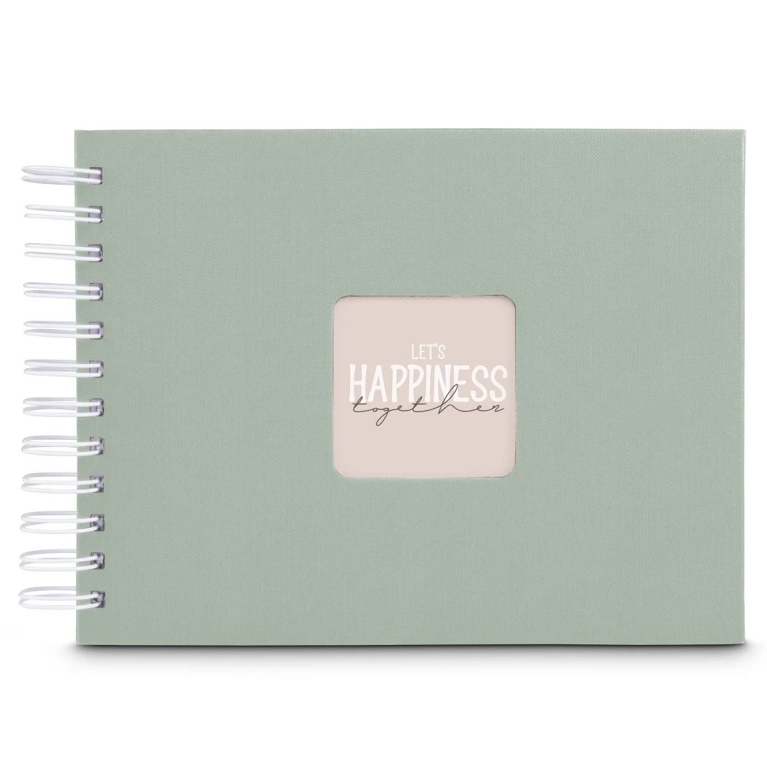 Notebook se spirálovou vazbou v barvě máty se středovým štítkem s nápisem "LET'S HAPPINESS together".