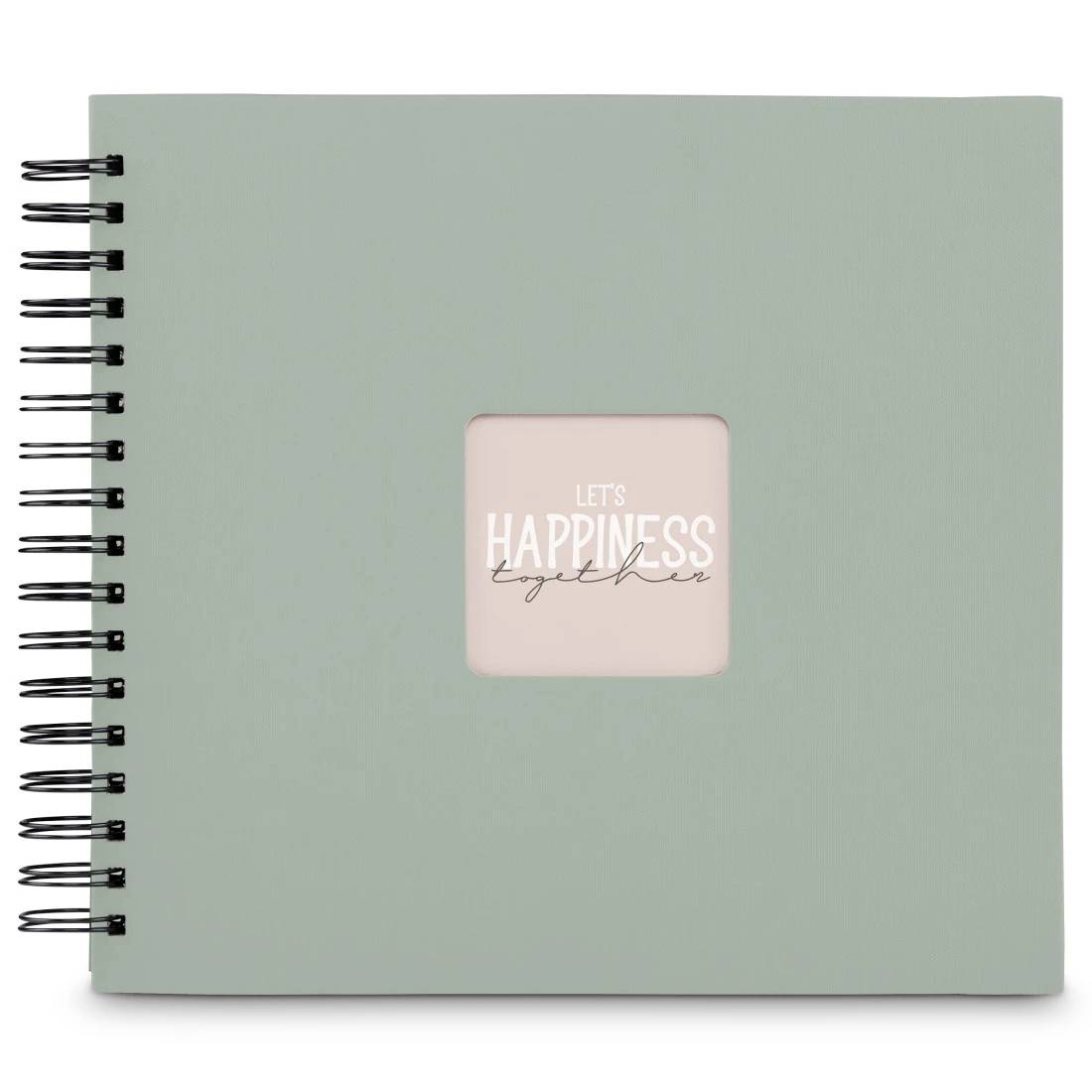 Notebooková blok se spirálovou vazbou v barvě mintové zeleně s růžovým středovým štítkem s nápisem "LET'S HAPPINESS together".