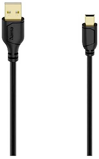 Černý kabel HDMI se zlacenými konektory zobrazený na obou koncích, jeden standardní konektor HDMI a jeden menší konektor mini HDMI.