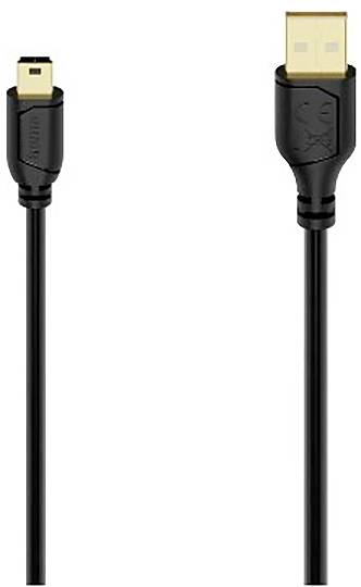 Obrázek černého HDMI kabelu s různými konektory: mini HDMI vlevo a standardní HDMI vpravo.