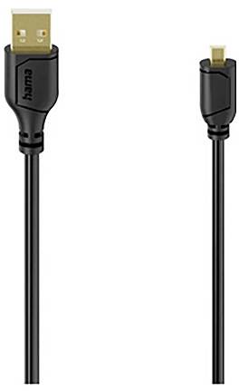 Černý kabel HDMI se zlatě poplachovanými konektory zobrazený v detailu na bílém pozadí s konektory v plné velikosti a mini HDMI.