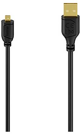 Černý kabel se dvěma různými USB konektory: menší micro-USB vlevo a větší USB-A vpravo.