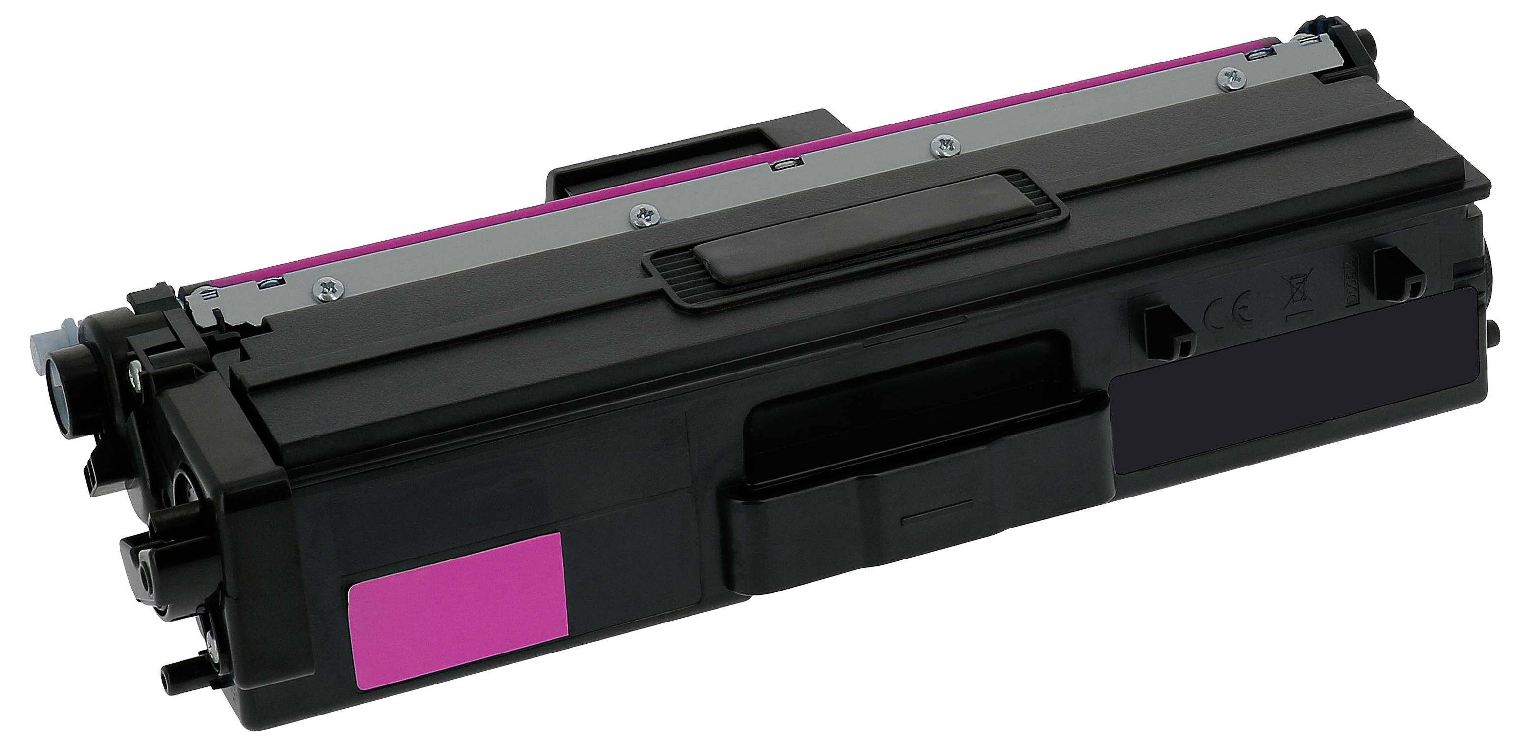 Černá toner cartridge pro tiskárnu s purpurovým štítkem a purpurovým proužkem podél horní části, zobrazená na bílém pozadí.