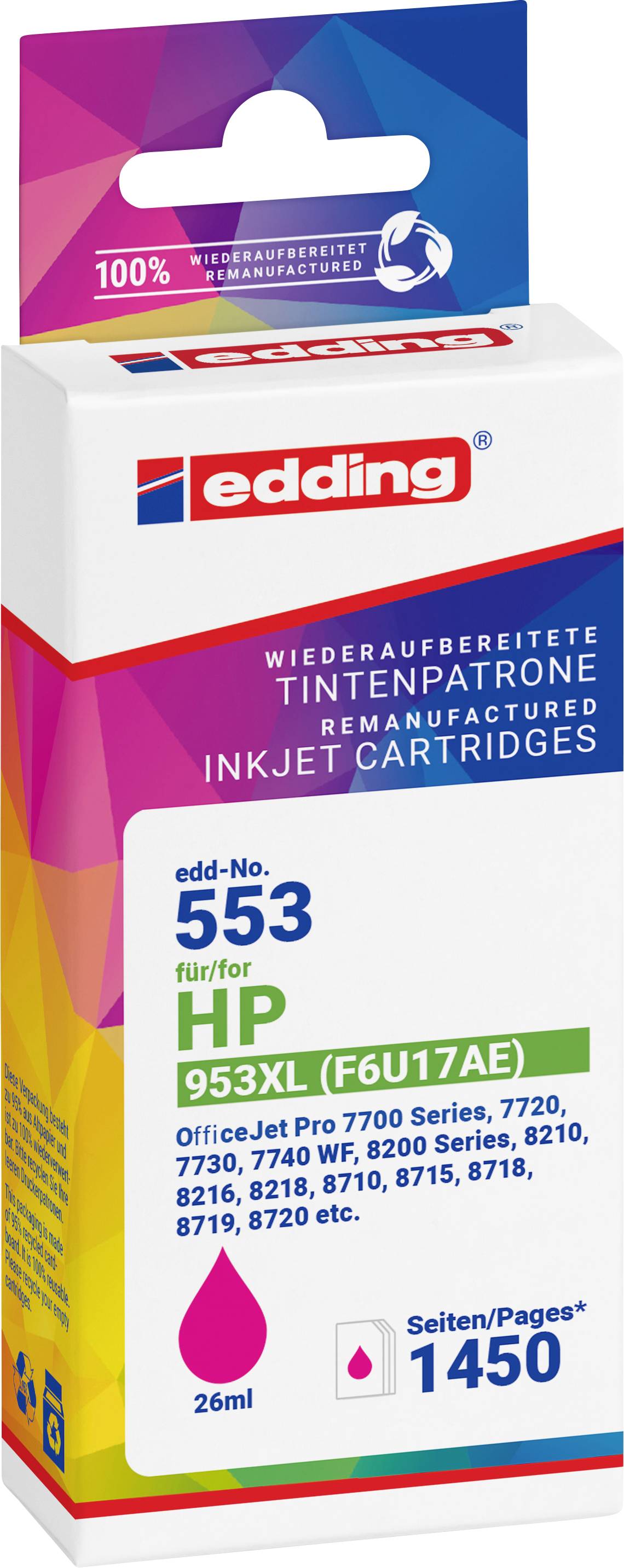 Balení renovovaných inkoustových kazet edding, edd-č. 553 pro HP 953X, purpurová, 26 ml, 1450 stran.