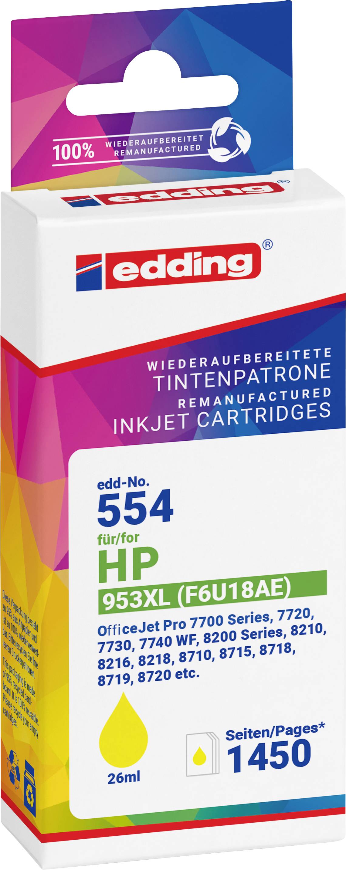 Edding renovovaná inkoustová kazeta v krabici, eDD-č. 554 pro HP 953XL, černá 26 ml, kompatibilní s více tiskárnami HP OfficeJet Pro.