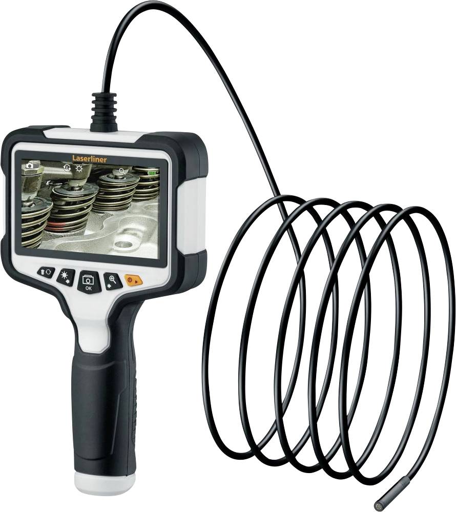 Přenosná inspekční kamera s flexibilní vinutou sondou, která zobrazuje pružiny ventilů motoru na svém displeji.