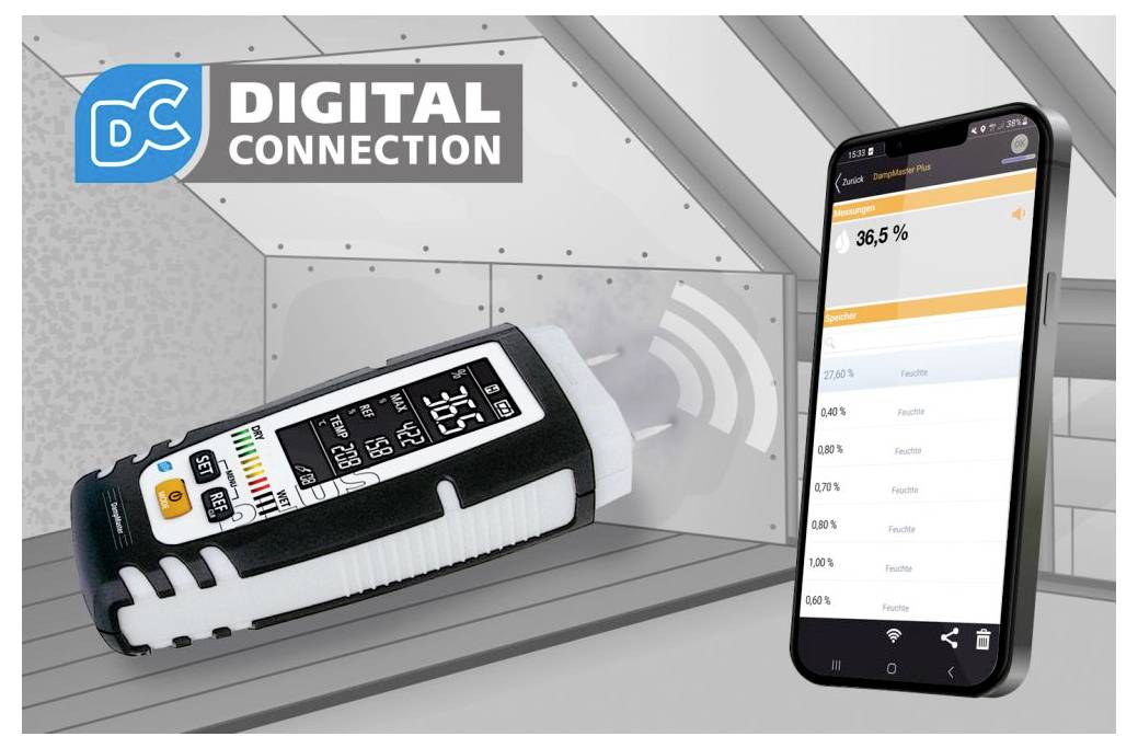 Propagační obrázek digitálního připojení zobrazující robustní přenosný senzor bezdrátově přenášející data do aplikace chytrého telefonu s čtením 36,5%.
