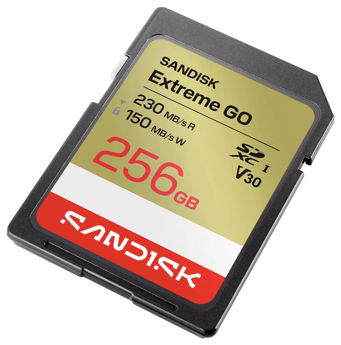 SanDisk Extreme GO 256GB SD paměťová karta s hodnoceními rychlosti čtení 230 MB/s a rychlosti zápisu 150 MB/s.