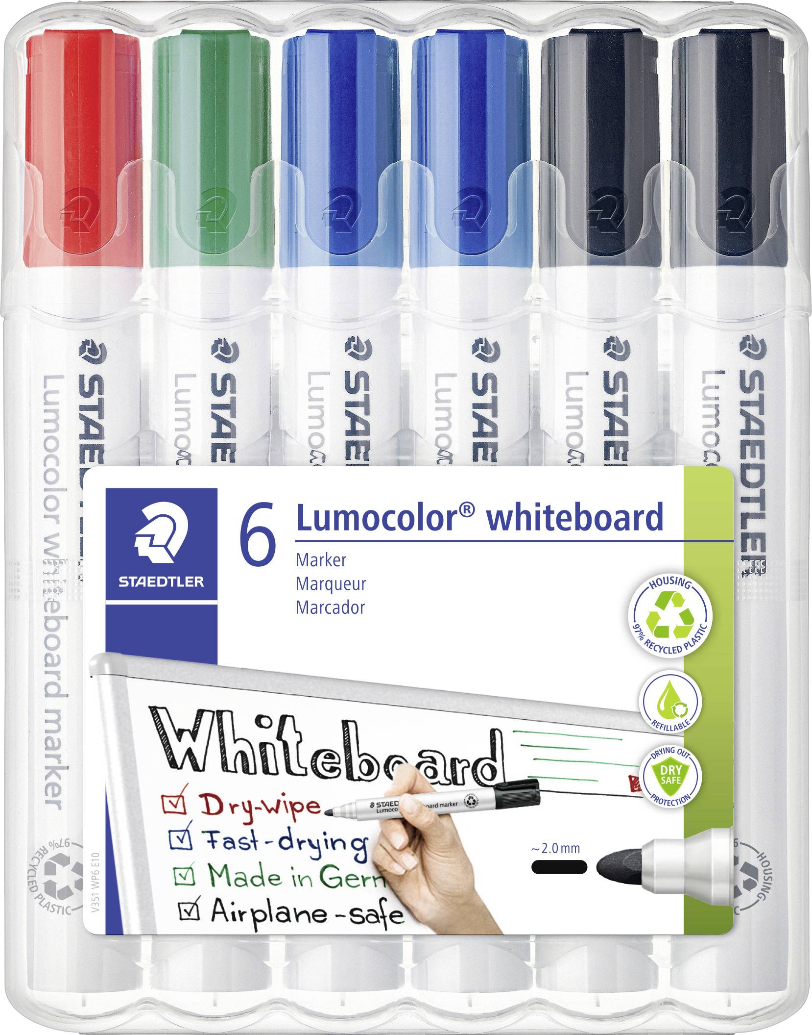 Balení šesti tužek Staedtler Lumocolor na bílou tabuli v různých barvách s průhledným plastovým pouzdrem a štítkem.