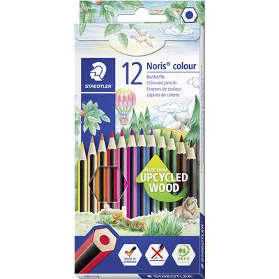 Balení tužek Staedtler Noris colour, zobrazující 12 barevných tužek z recyklovaného dřeva s přírodním motivem a označením „Vyrobeno z recyklovaného dřeva".