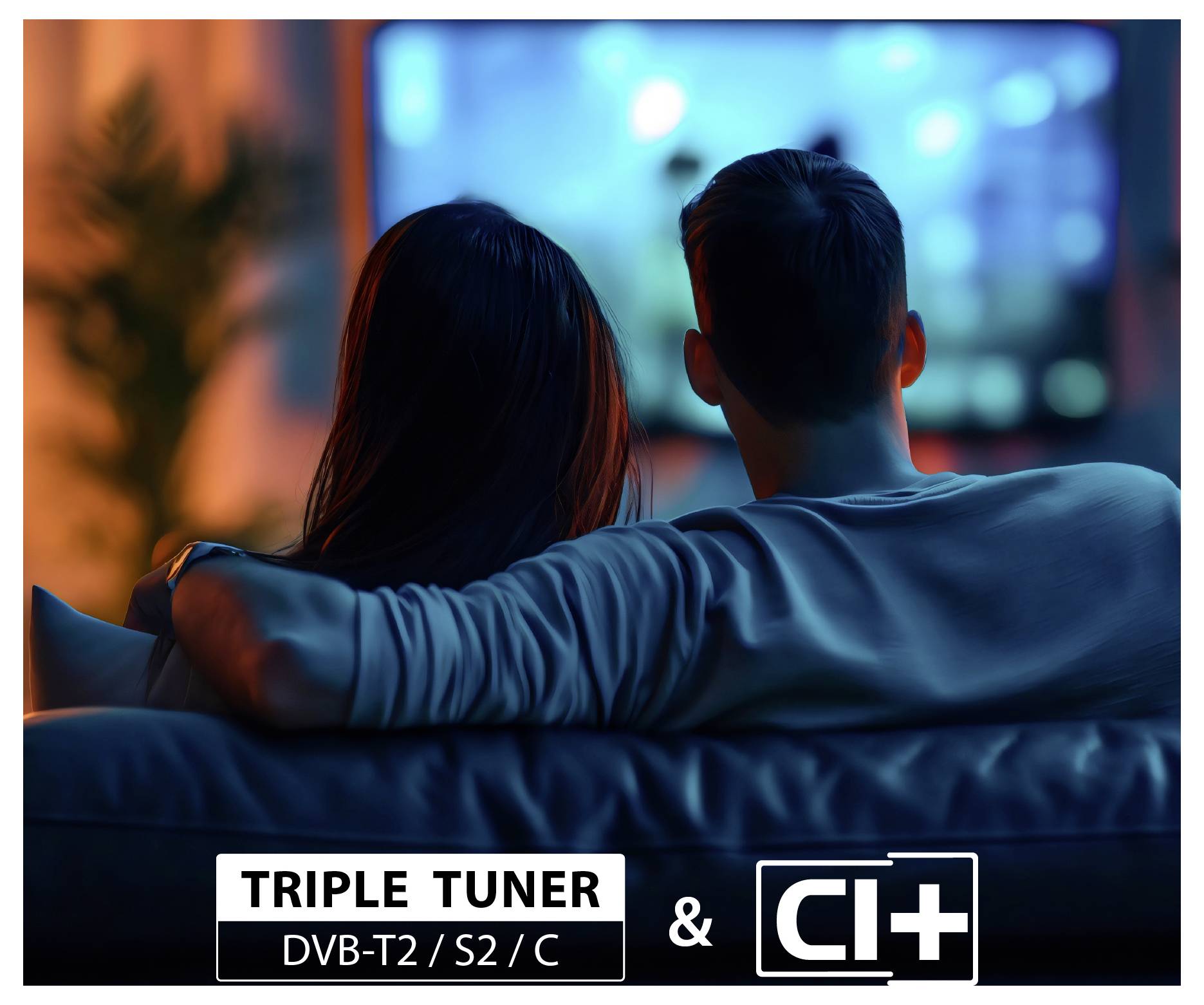 Pár sedící na pohovce a sledující televizi s logy „TRIPLE TUNER DVB-T2 / S2 / C" a „CI+" indikujícími funkce přijímače.