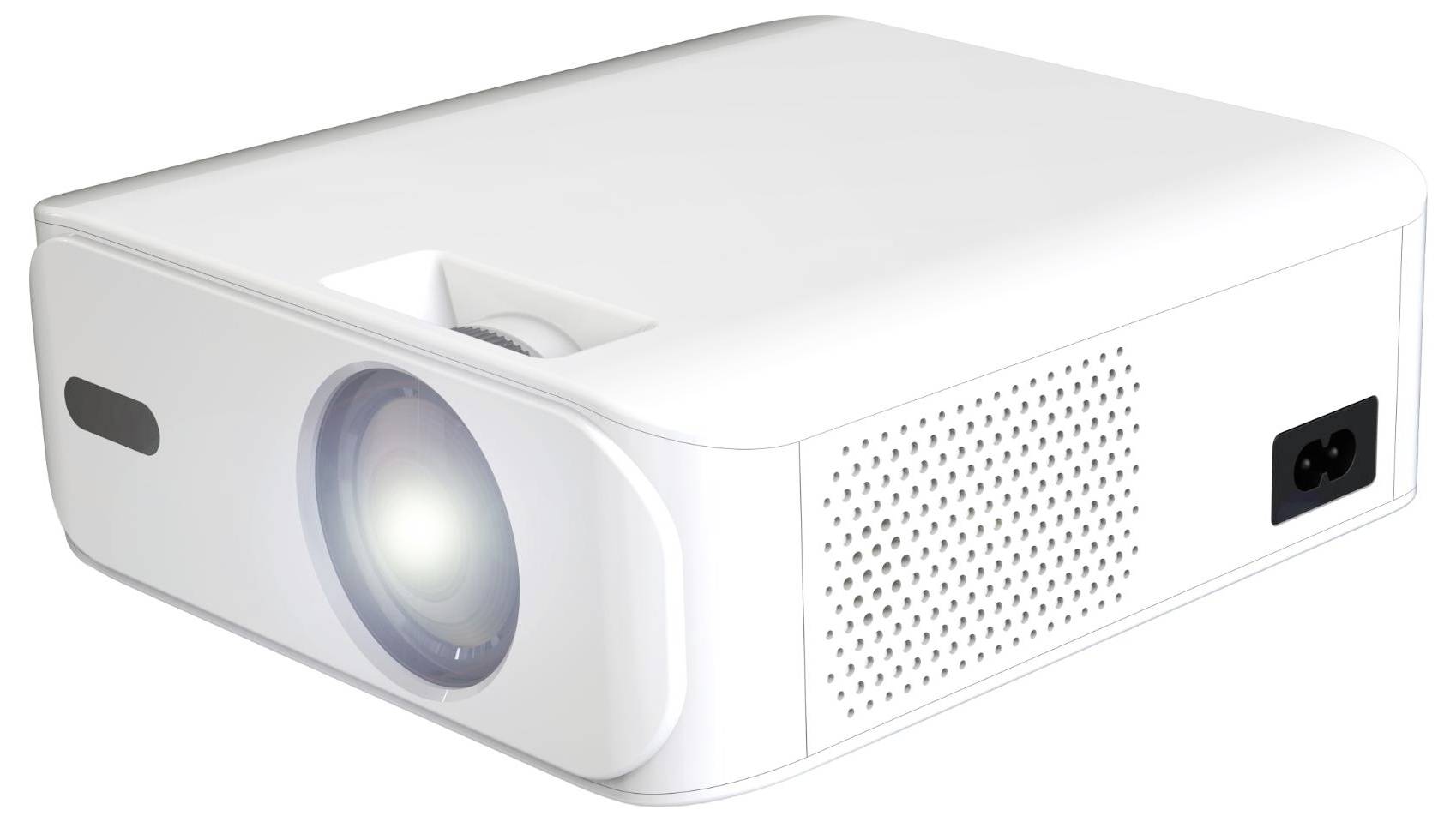 Bílý přenosný multimediální projektor s objektivem, ventilační mřížkou a portem napájení na zadní straně.